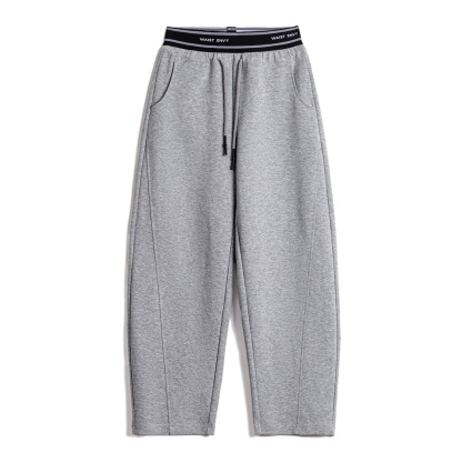 花灰撞色雙腰頭假兩件抽繩直筒香蕉鐮彎刀休閒運動衛褲女士秋