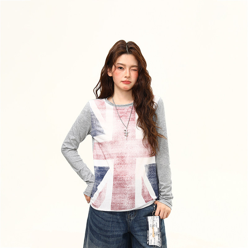 美式復古做舊印花正肩長袖T恤女夏季慵懶風薄款防曬罩衫