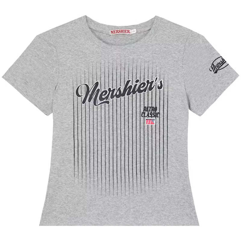 美式復古條紋字母印花正肩短袖t恤女新款夏季辣妹修身上衣