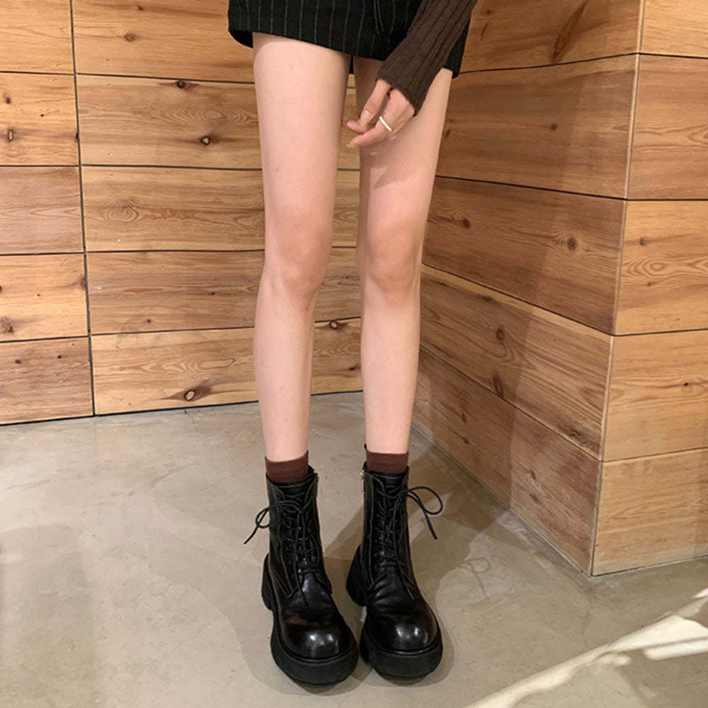 水洗縮紋馬皮系帶粗跟厚底馬丁短靴女春秋單靴
