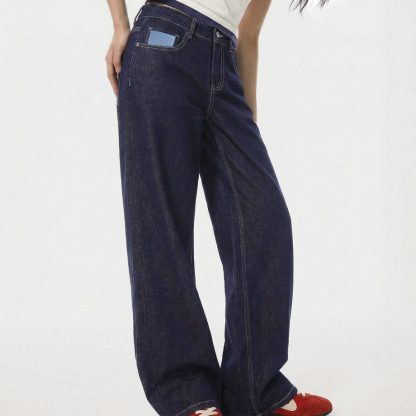 美式復古丹寧藍原色直筒闊腿水洗牛仔褲顯瘦休閒長褲子女士春