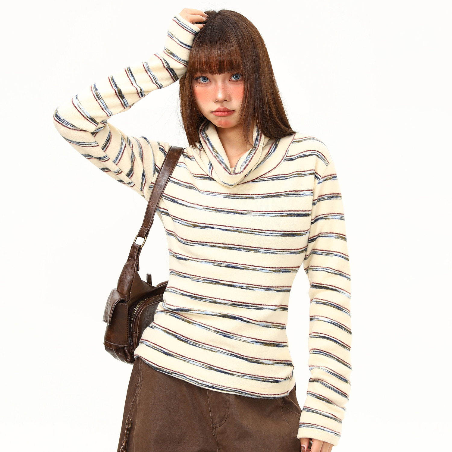 秋冬條紋打底衫女軟糯修身長袖T恤女緊身內搭氛圍感高領