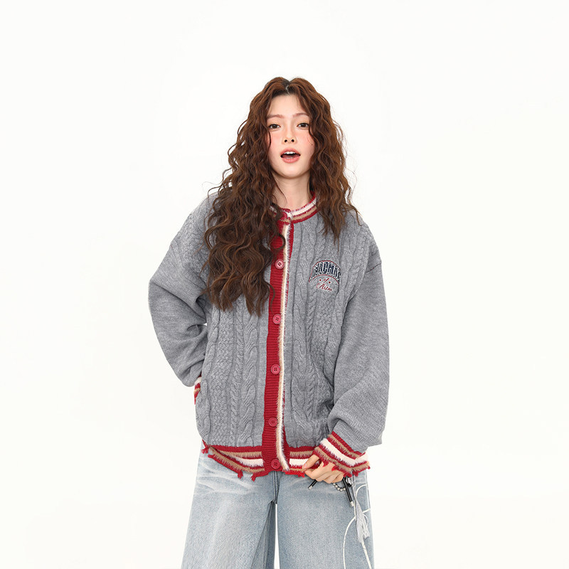 美式復古學院風撞色開衫毛衣女秋冬慵懶粗麻花針織衫外套