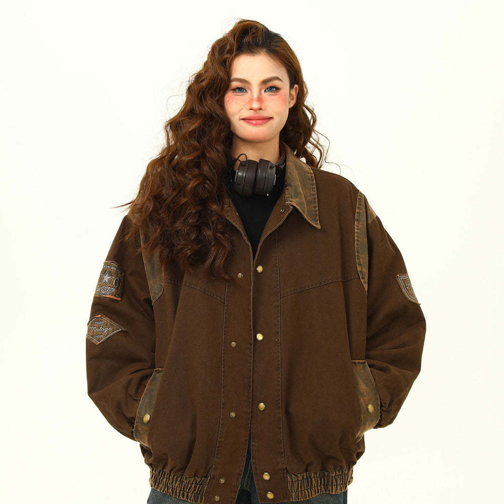 冬季美式復古水洗工裝夾棉外套女美拉德棕色夾克