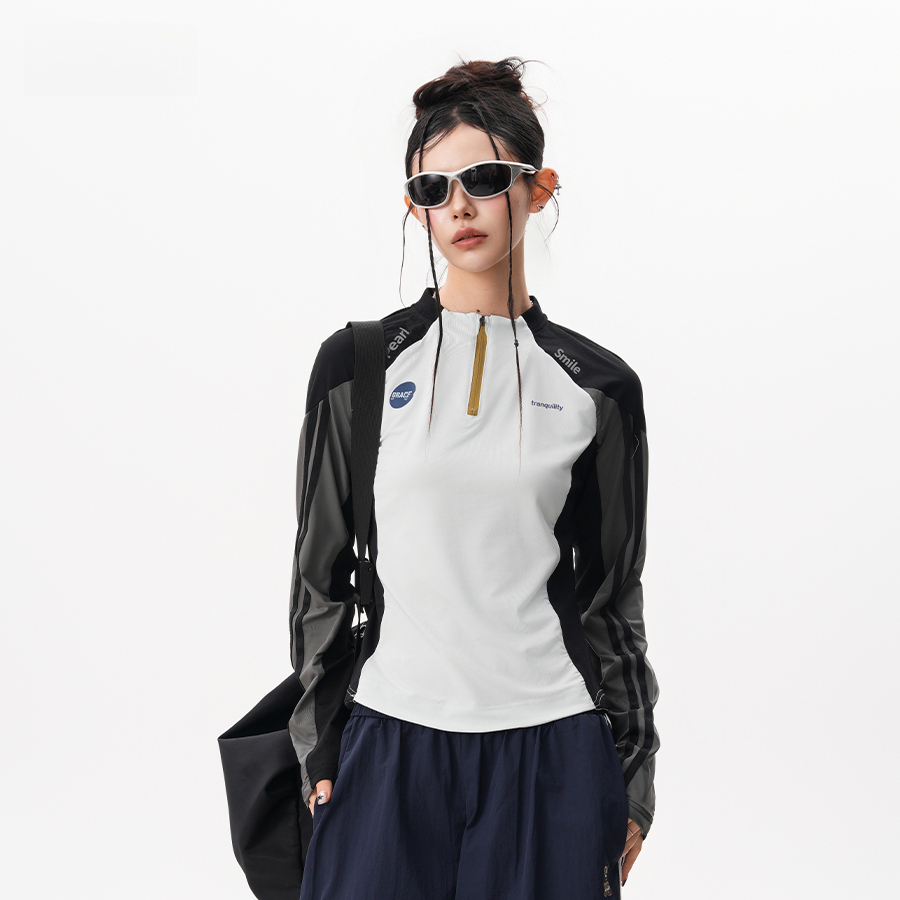 速幹輕薄騎行服女秋季撞色半拉鍊長袖T恤戶外健身訓練運動上衣