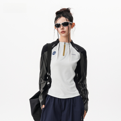 速幹輕薄騎行服女秋季撞色半拉鍊長袖T恤戶外健身訓練運動上衣