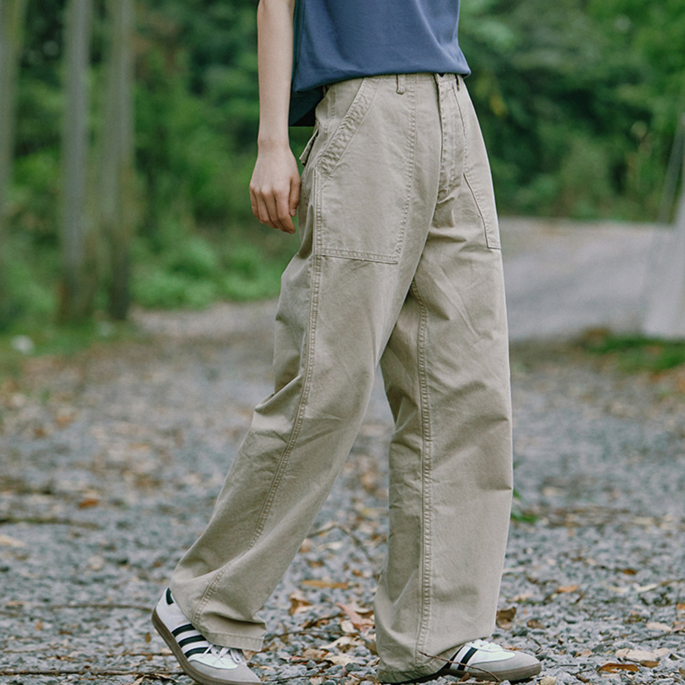 美式復古卡其色直筒工裝褲女百搭休閒褲寬鬆水洗闊腳褲