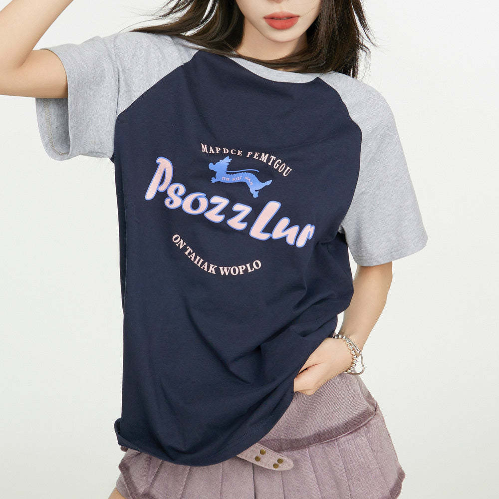 美式復古插肩短袖t恤女夏季寬鬆設計感小眾純棉正肩上衣