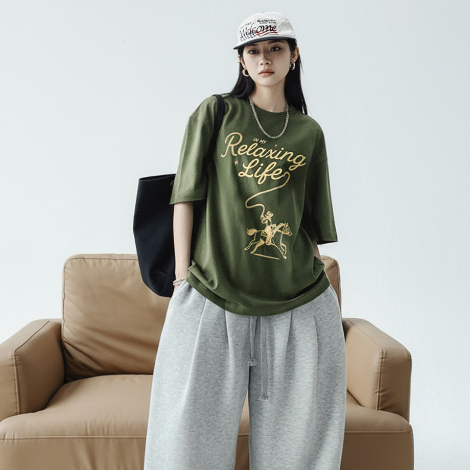 美式復古墨綠色圓領純棉寬鬆版落肩袖印花短袖T恤上衣女士夏