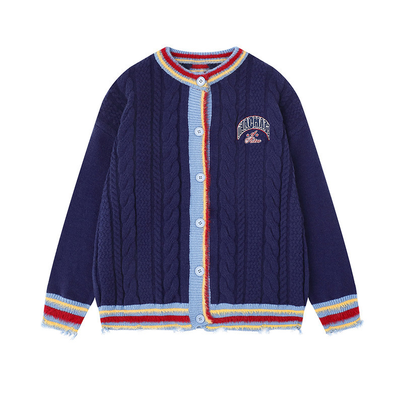 美式復古學院風撞色開衫毛衣女秋冬慵懶粗麻花針織衫外套