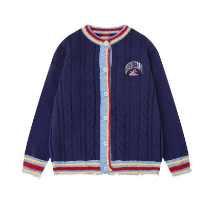 美式復古學院風撞色開衫毛衣女秋冬慵懶粗麻花針織衫外套