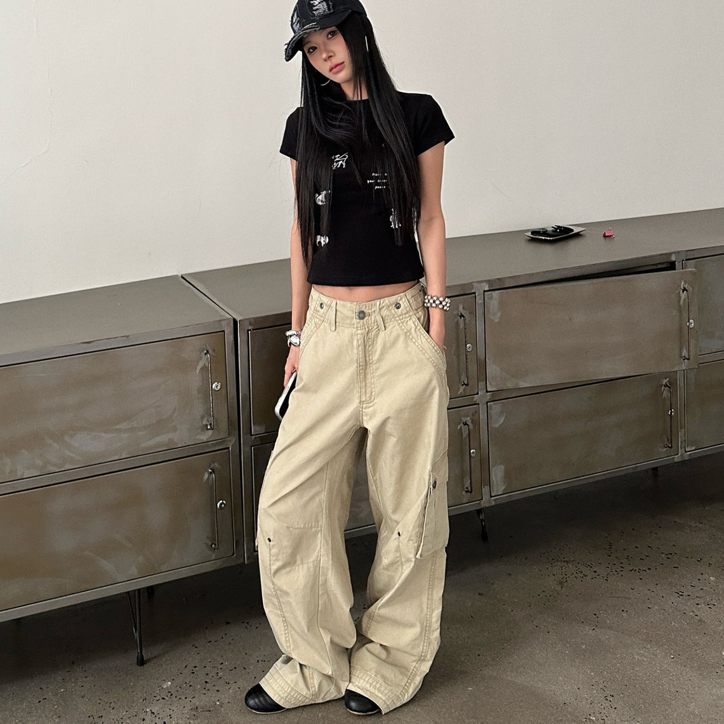 美式街頭解構工裝闊腿褲女夏季潮牌百搭高街褲子