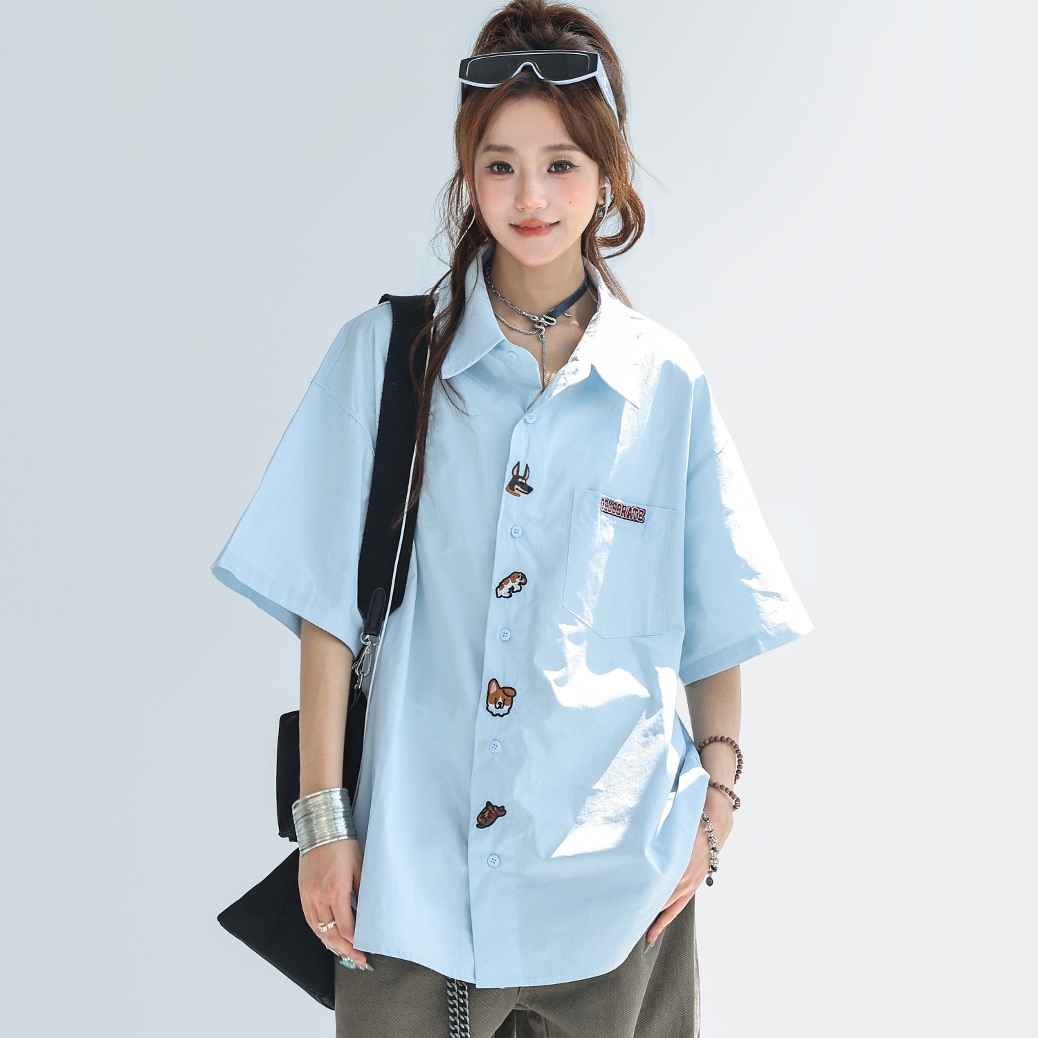 可愛小狗刺繡短袖襯衫女夏季輕薄防曬襯衣外搭開衫