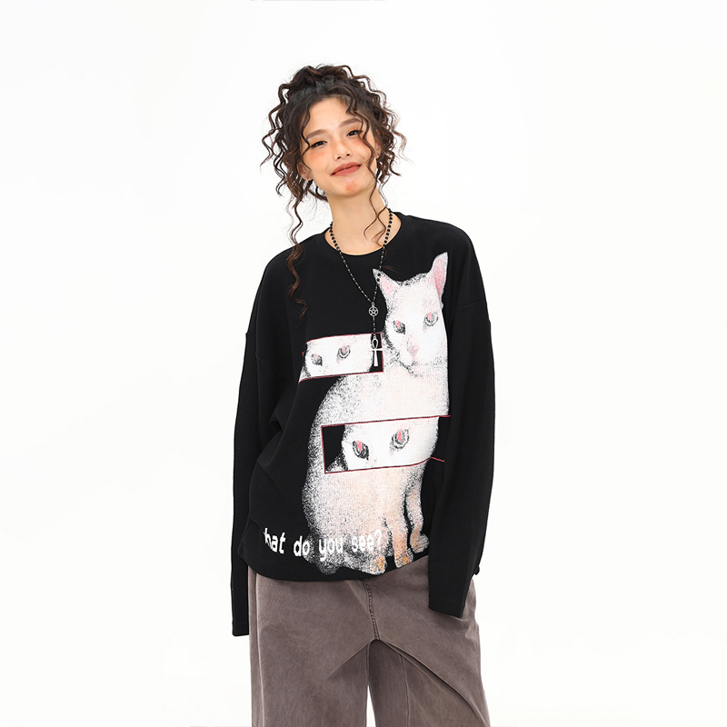 美式復古猫咪印花設計感圓領長袖T恤女秋冬新款百搭上衣