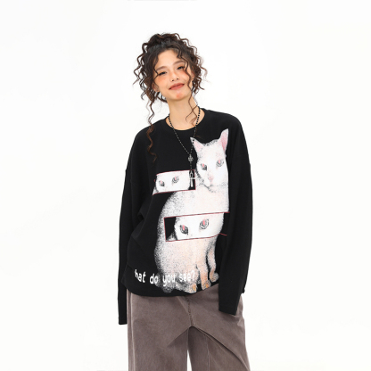 美式復古猫咪印花設計感圓領長袖T恤女秋冬新款百搭上衣