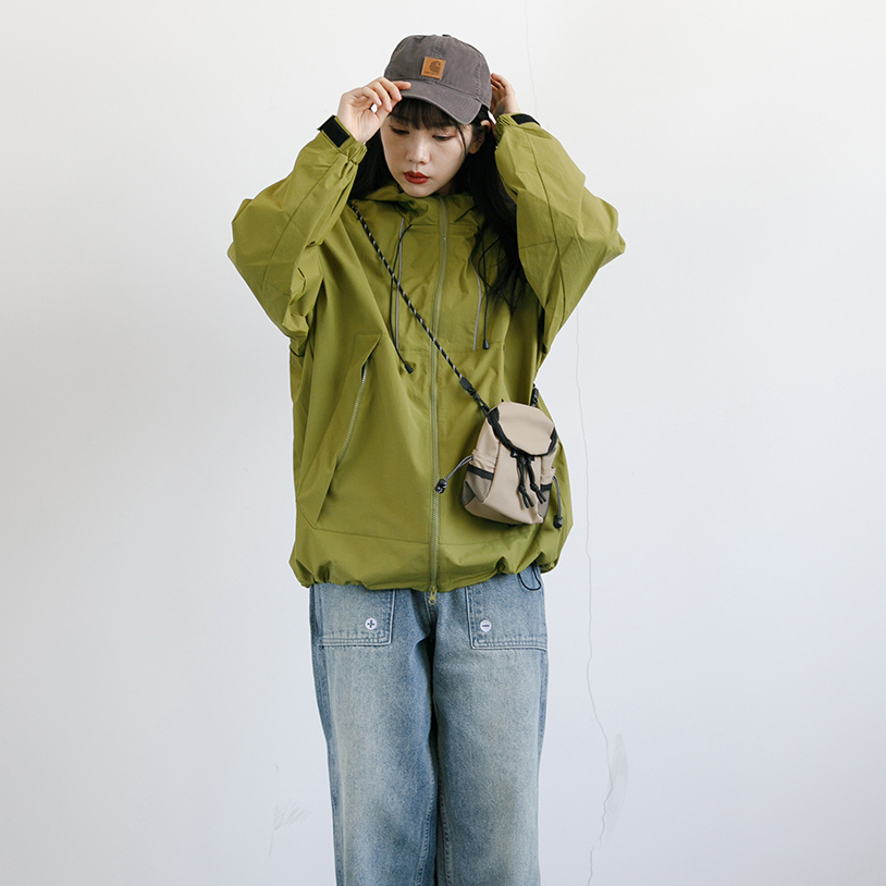日系連帽戶外工裝拉鍊大口袋衝鋒衣夾克女中性風寬鬆短外套