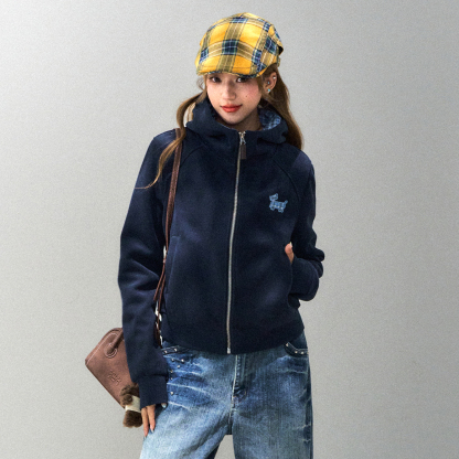 韓系慵懶格子臘腸狗連帽衛衣外套女款秋短款修身上衣