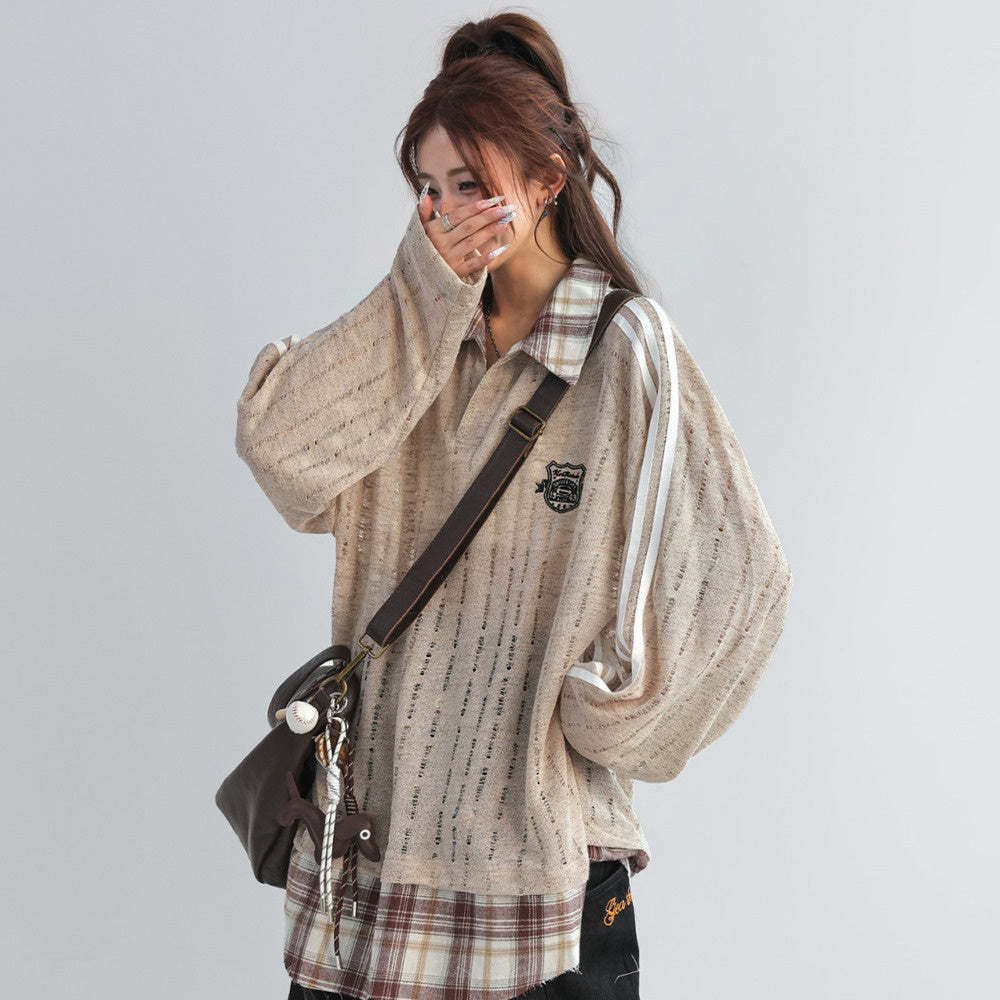 美式復古格子拼接假兩件polo衛衣女春秋鏤空長袖上衣