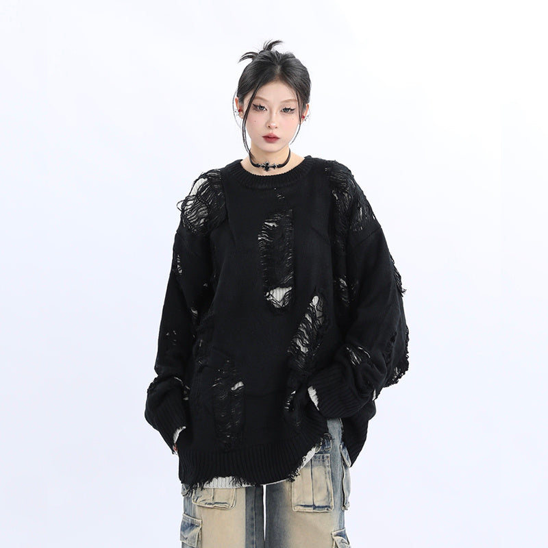 小眾設計感美式街頭破洞毛衣女寬鬆慵懶風oversize針織衫
