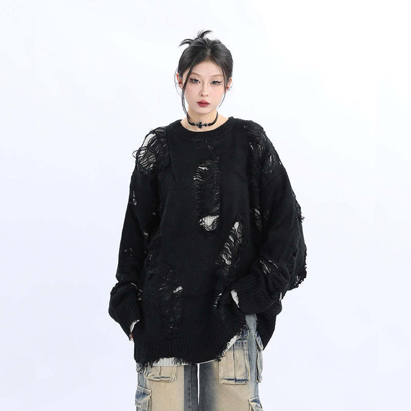 小眾設計感美式街頭破洞毛衣女寬鬆慵懶風oversize針織衫