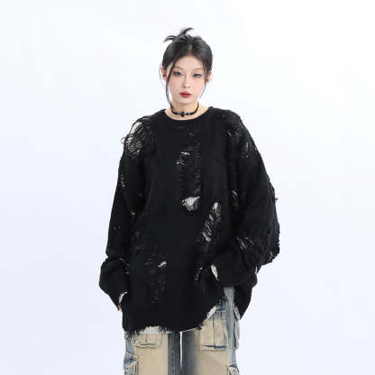 小眾設計感美式街頭破洞毛衣女寬鬆慵懶風oversize針織衫