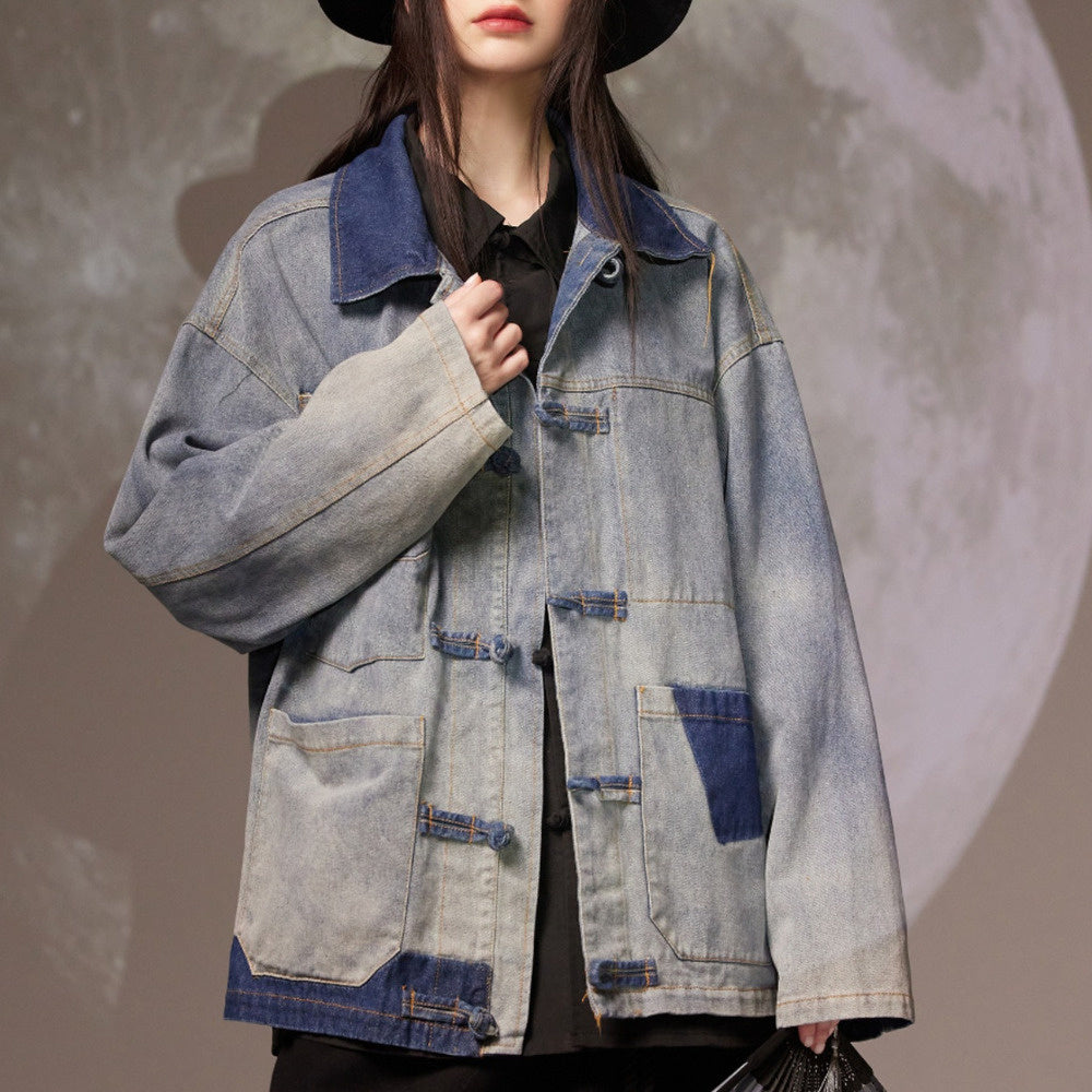 美式潮牌水洗做舊盤扣牛仔夾克女ins潮流休閒外套