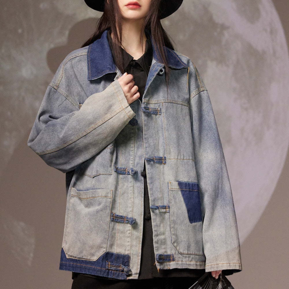 美式潮牌水洗做舊盤扣牛仔夾克女ins潮流休閒外套