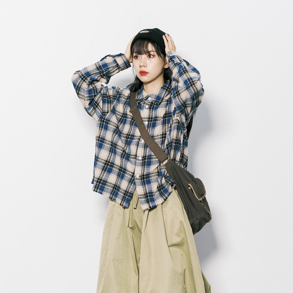 美式復古cleanfit毛邊格子翻領長袖襯衫女春秋寬鬆上衣外套