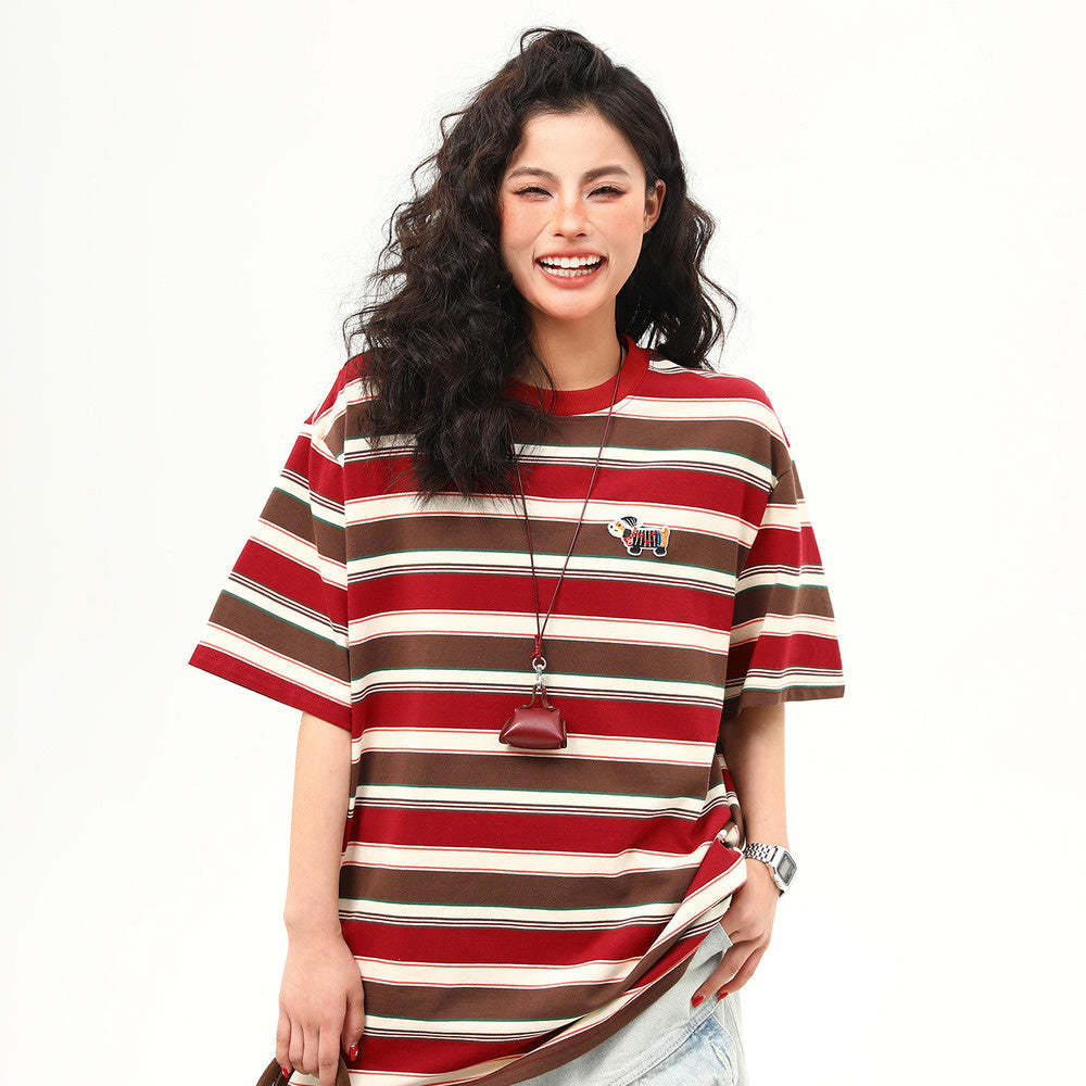 美式復古臘腸狗刺繡條紋短袖T恤女夏季寬鬆百搭體恤