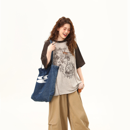 美式复古涂鸦印花撞色插肩袖宽松百搭T恤夏季短袖女