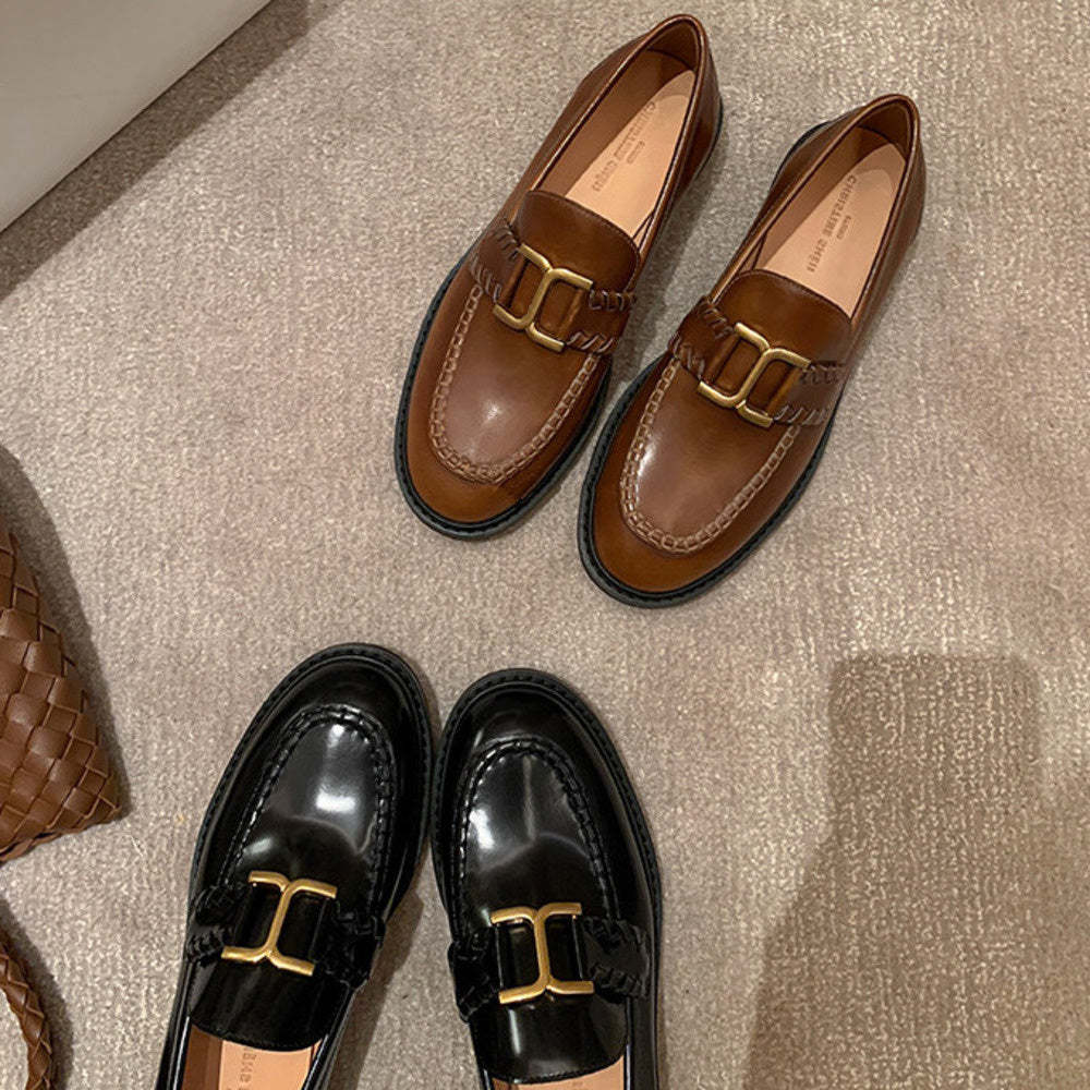 英倫復古風樂福鞋女新款平底單鞋咖色一脚蹬厚底小皮鞋