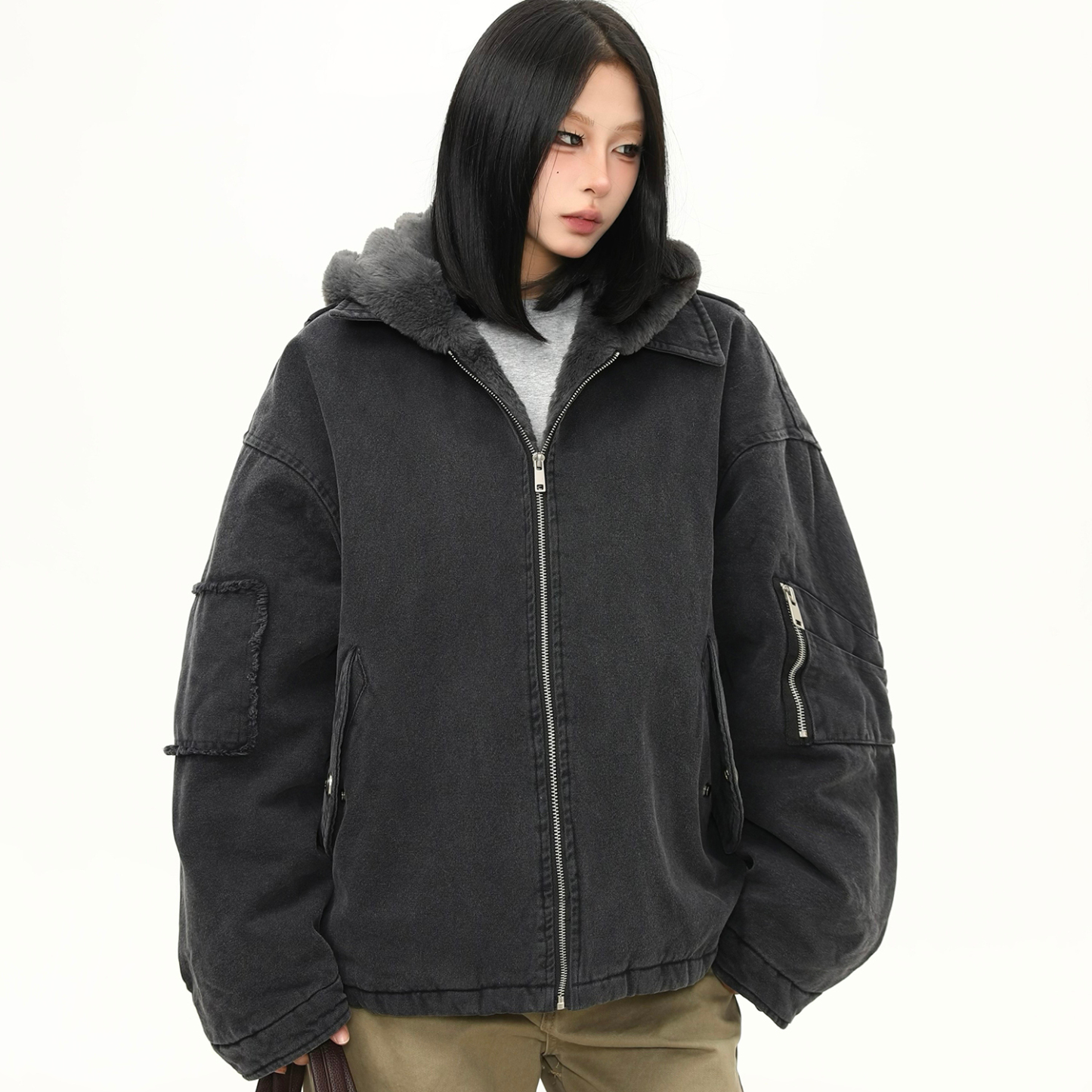 美式水洗重磅冬季棉服女毛絨連帽設計感加厚保暖棉衣外套