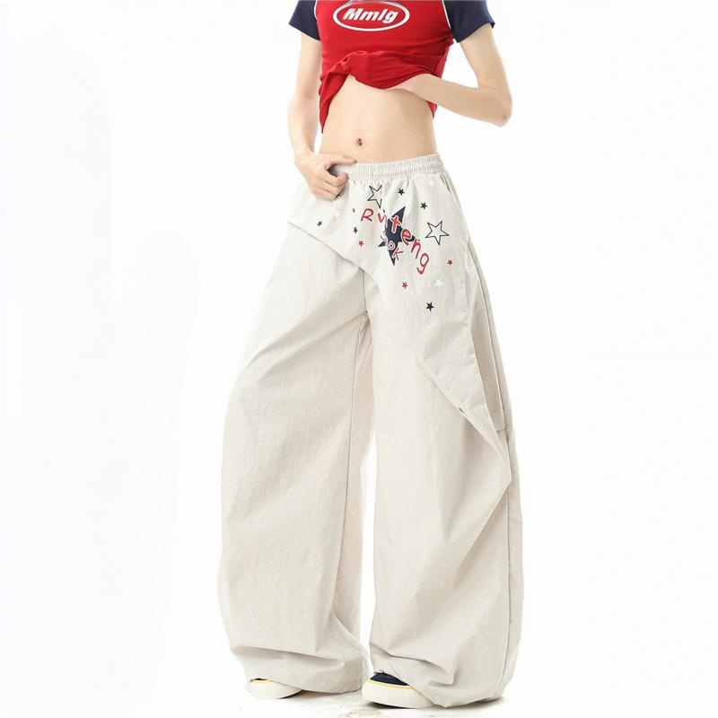 美式星星印花屁簾褶皺傘兵褲女夏季爵士舞運動褲寬鬆休閒工裝褲