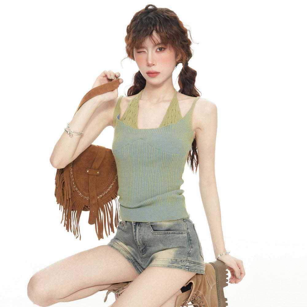 美式辣妹綠色假兩件針織吊帶背心女夏設計感小眾無袖外穿掛脖上衣