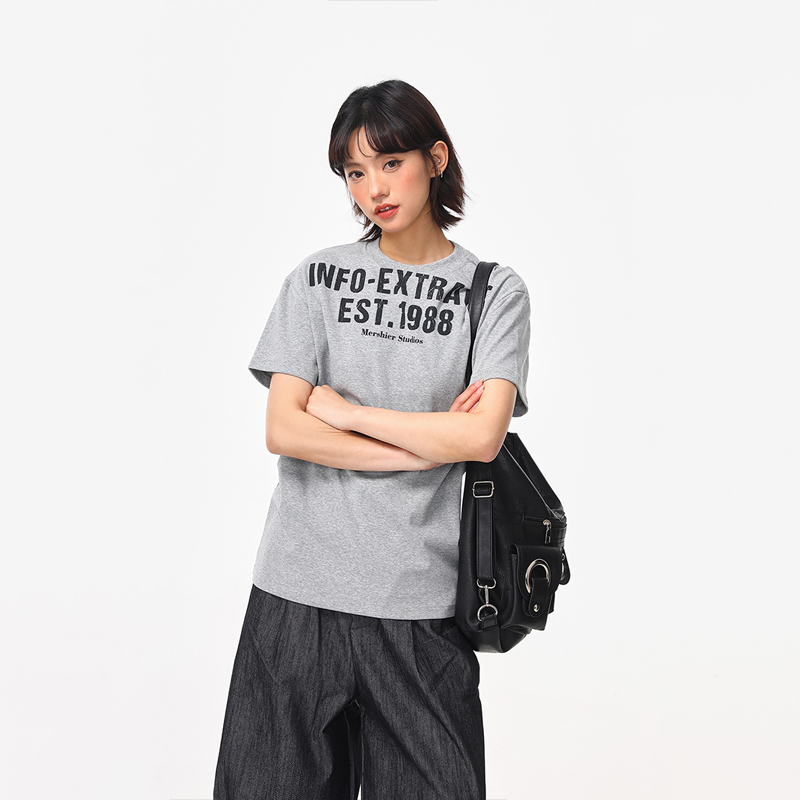 美式復古正肩T恤女夏季字母印花短款寬鬆cleanfit短袖