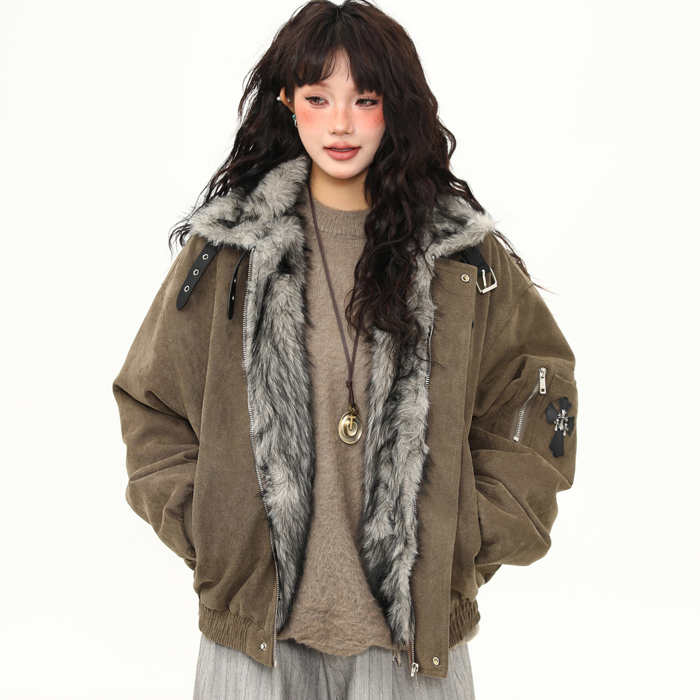 毛領座山雕棉服外套女美式潮牌高級感加厚冬季棉衣新款