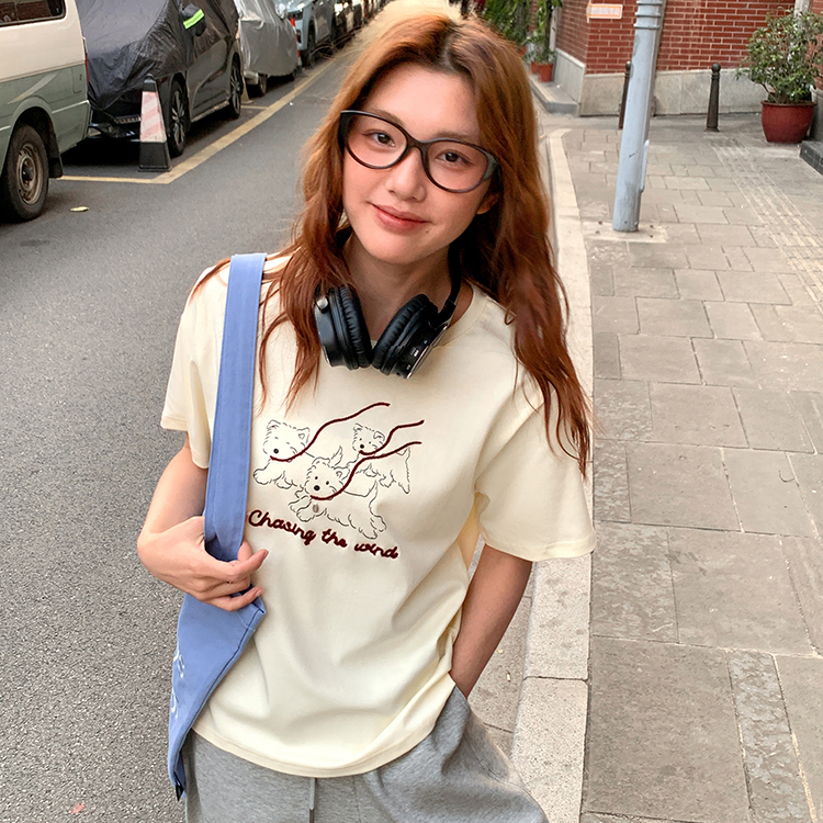 立體刺繡t恤短袖女新款休閒慵懶風小個子韓系圓領上衣