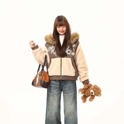 美式復古羊羔絨拼接毛領兔耳朵棉服外套女冬季加厚棉襖