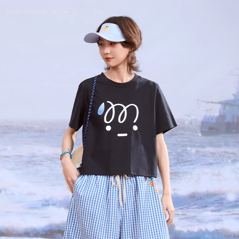 日系夏季220G索羅娜凉感面料流汗表情包短款T恤