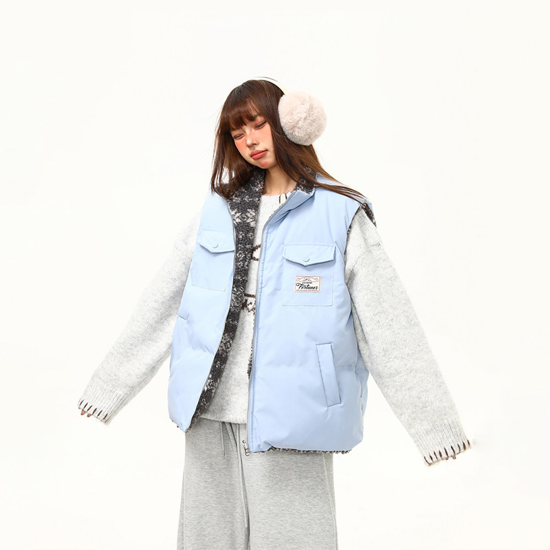 復古羊羔絨立領費爾島夾棉馬甲外套女冬季氛圍感雙面穿