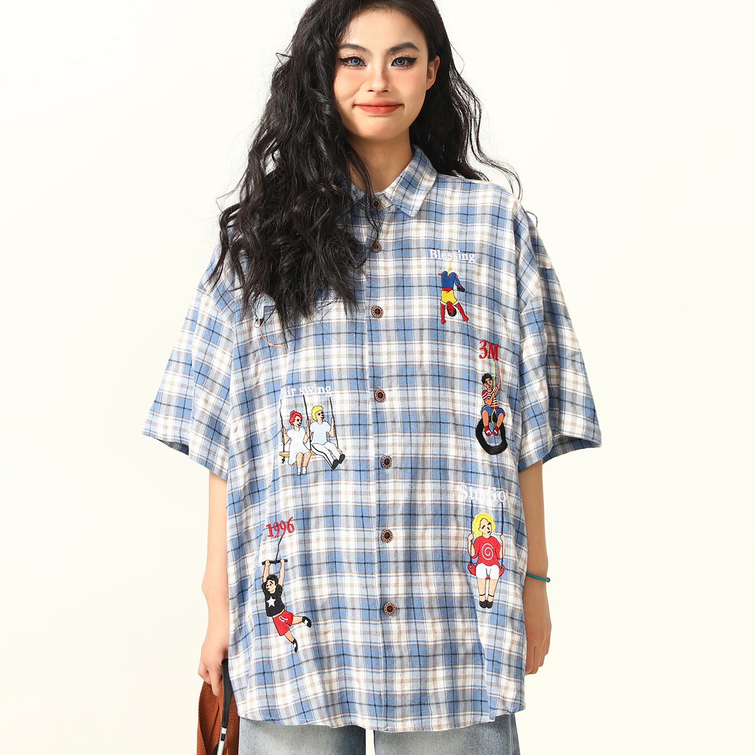 美式復古格子短袖襯衫女刺繡小眾設計感夏季百搭襯衣