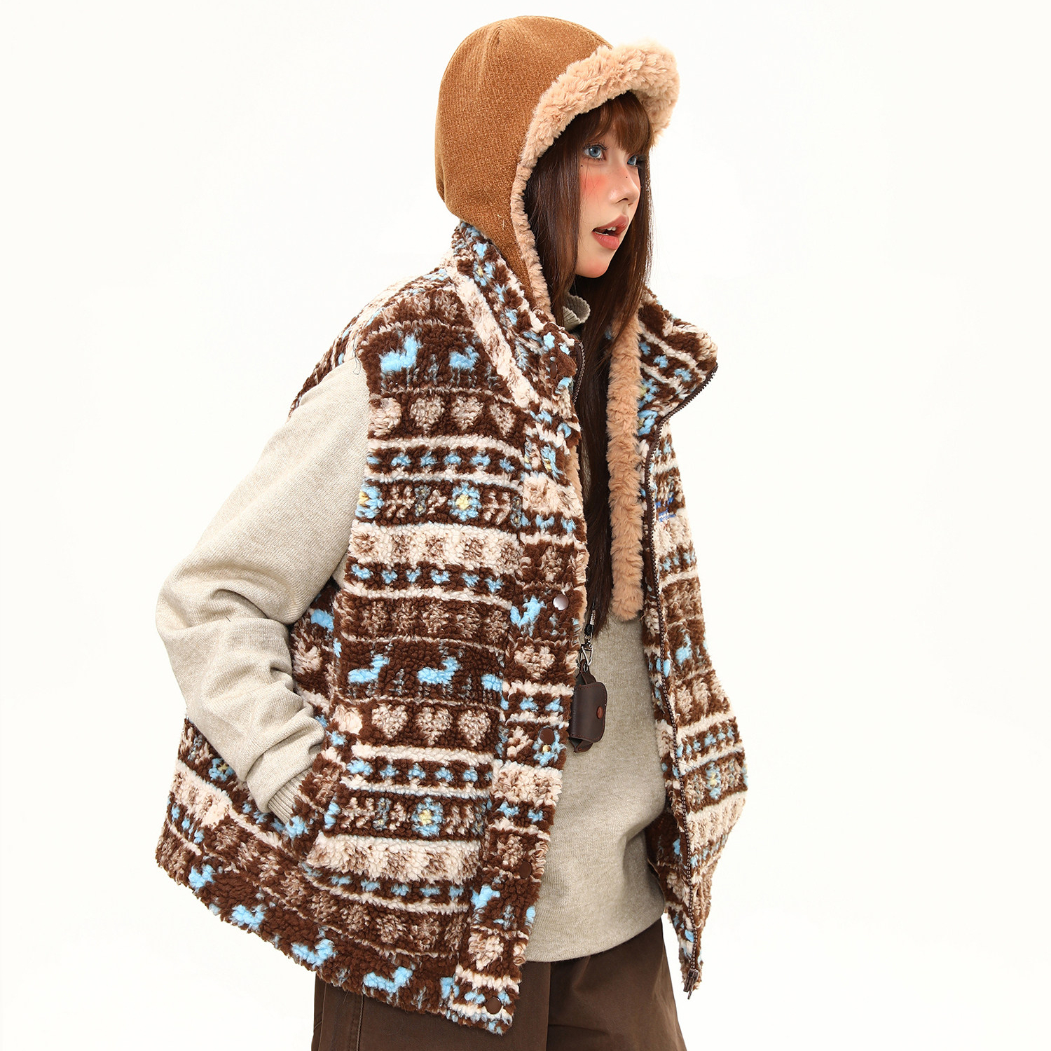 美式復古費爾島羊羔毛馬甲棉服外套女冬季新款氛圍感棉衣