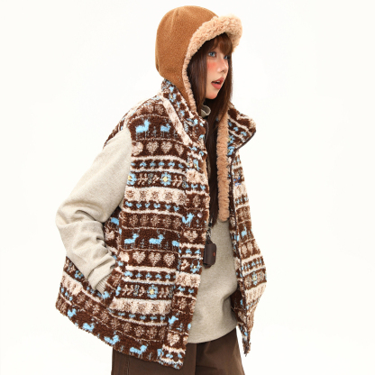 美式復古費爾島羊羔毛馬甲棉服外套女冬季新款氛圍感棉衣