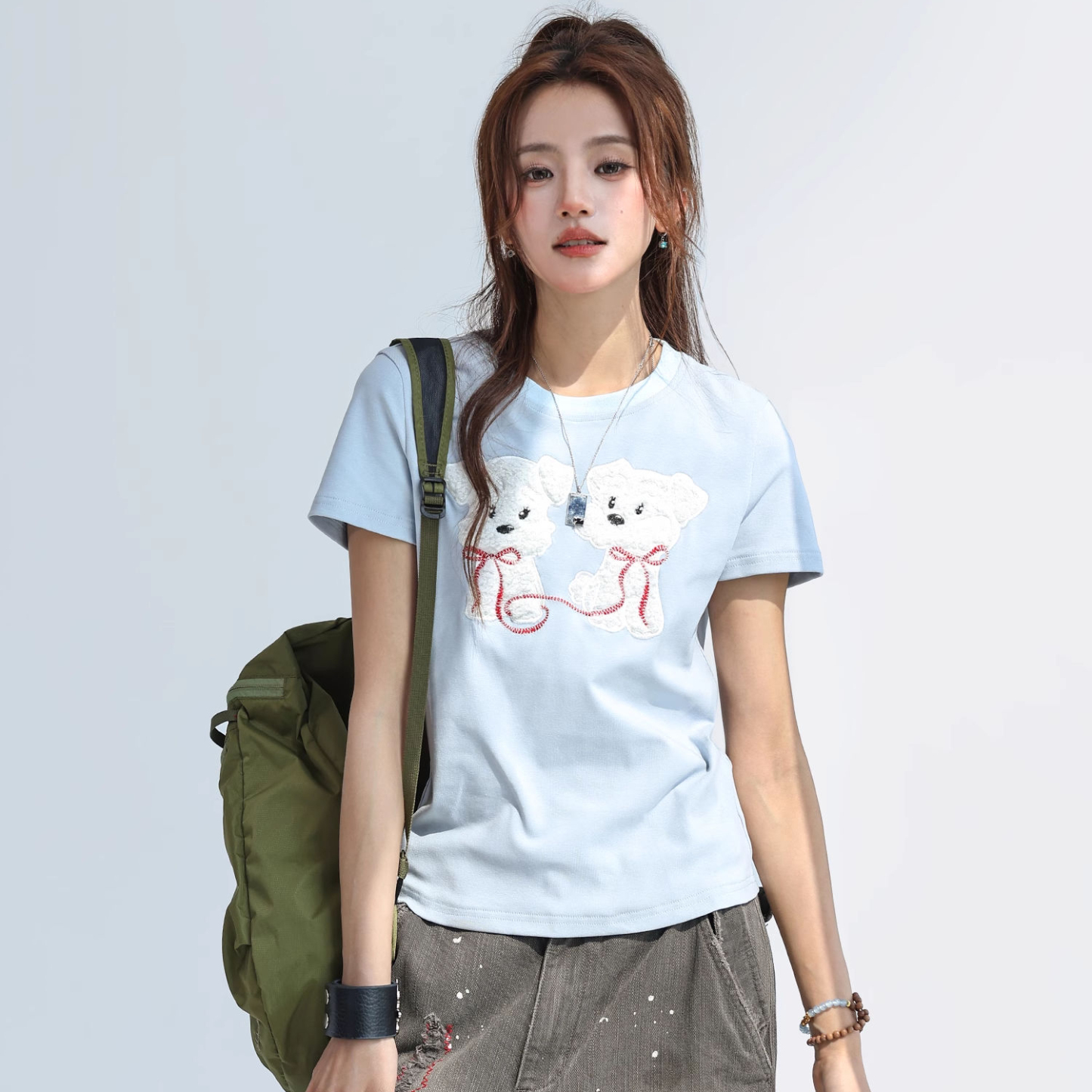 可愛毛茸茸小狗貼布繡短袖t恤女夏正肩顯瘦修身上衣