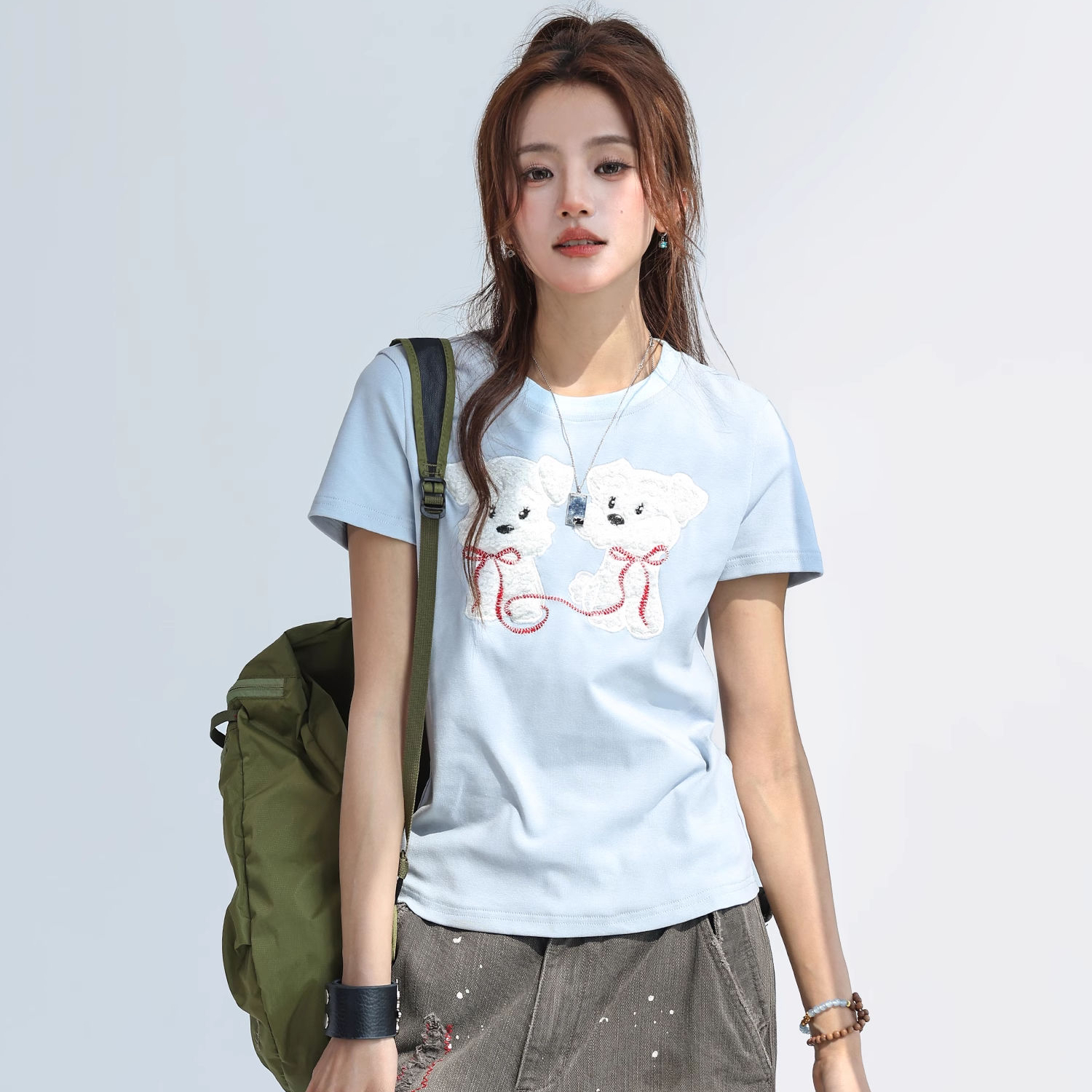 可愛毛茸茸小狗貼布繡短袖t恤女夏正肩顯瘦修身上衣