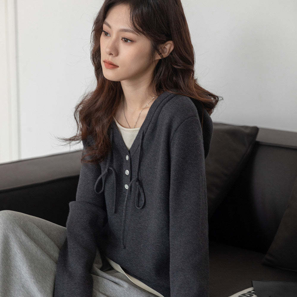 深灰色假兩件連帽針織衫女2025春季修身顯瘦上衣