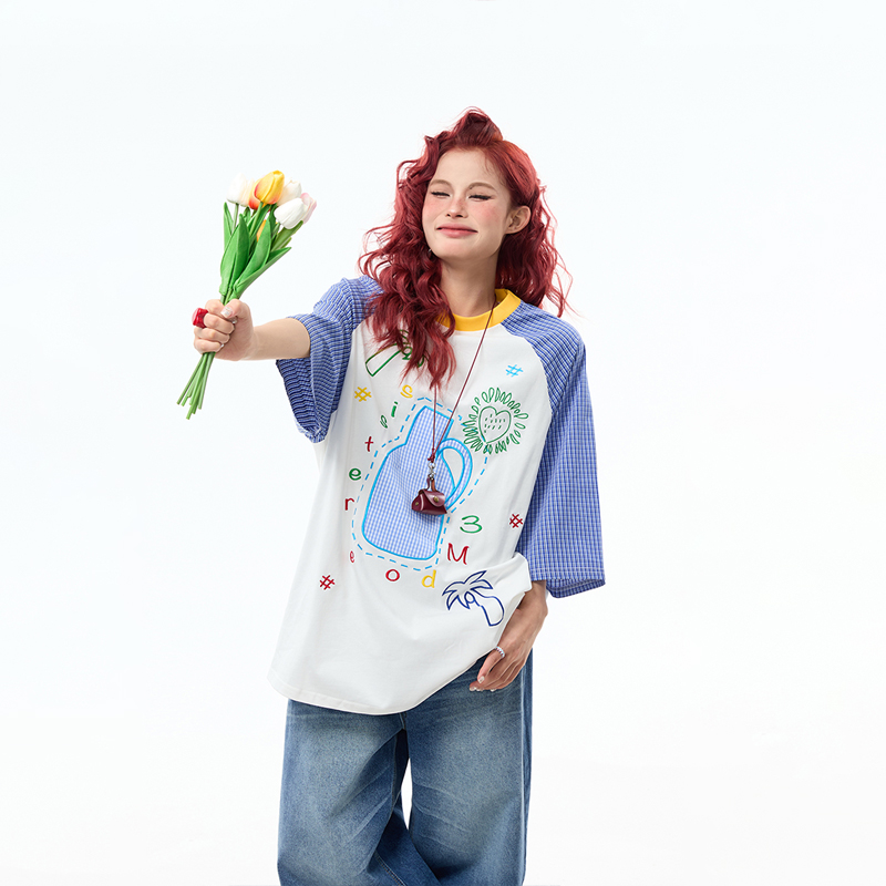 夏季新圓領撞色插肩短袖T卹女趣味刺繡百搭夏季tee