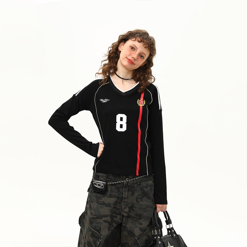 美式復古球衣V領辣妹長袖正肩T恤女秋季短款顯瘦修身上衣