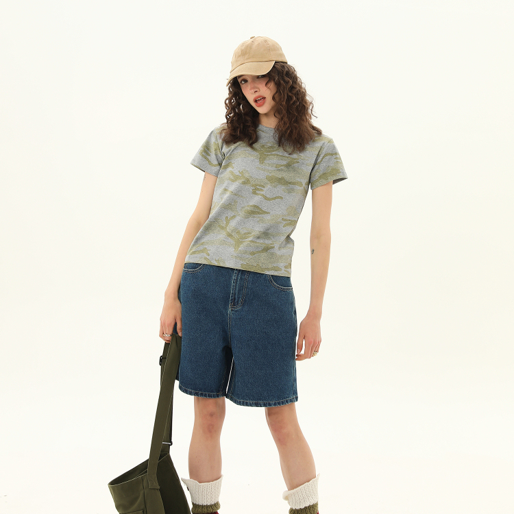 美式復古迷彩紮染短款正肩T恤女夏潮牌顯瘦辣妹短袖上衣