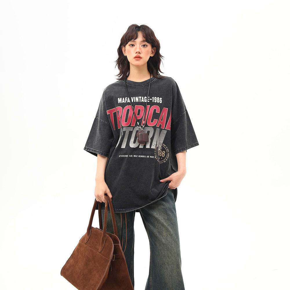 260G水洗重磅美式復古印花短袖T恤女夏季百搭中性上衣